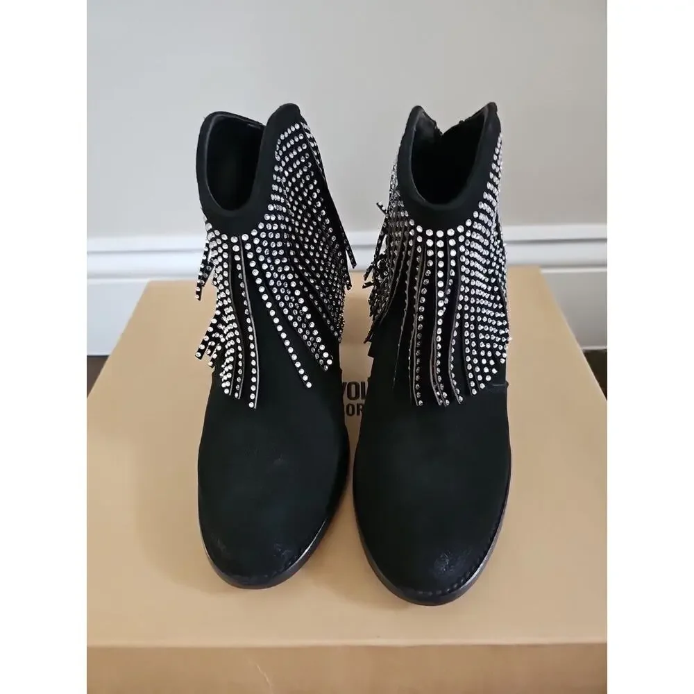 Zadig & Voltaire Molly Strass Crystal Fringe Ankle Boots Black Suede $568, Sz 36